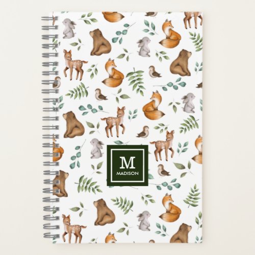 Cute Woodland Forest Greenery Animals Monogram Notebook