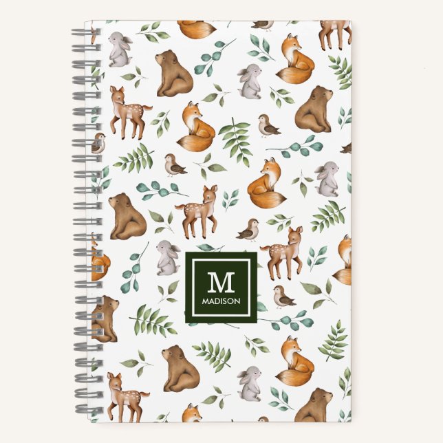 Cute Woodland Forest Greenery Animals Monogram Notebook (Front)