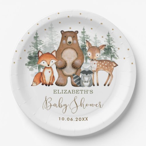 Cute Woodland Forest Greenery Gold Baby Shower Paper Plates