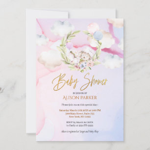 Cute Woodland Forest Rabbit Pink Sky Baby Shower Invitation