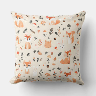 Cute Woodland Fox and Bunny Pattern on White Throw Pillow