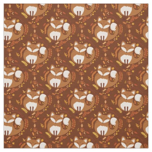 Cute Woodland Fox and Fall Leaves Brown Kids Fabric