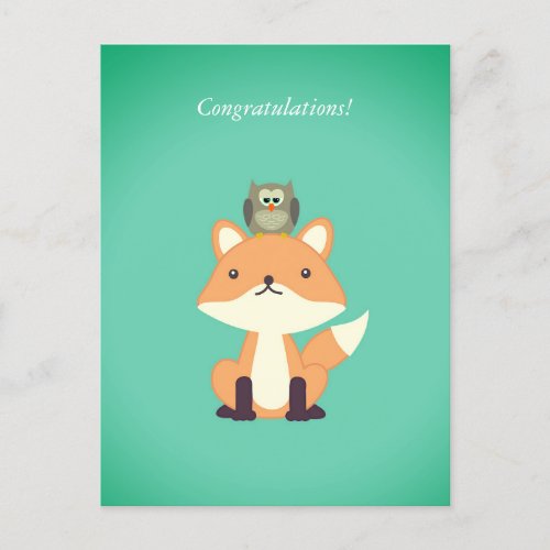 Cute Woodland Fox and Owl Congrats Newborn Baby Postcard