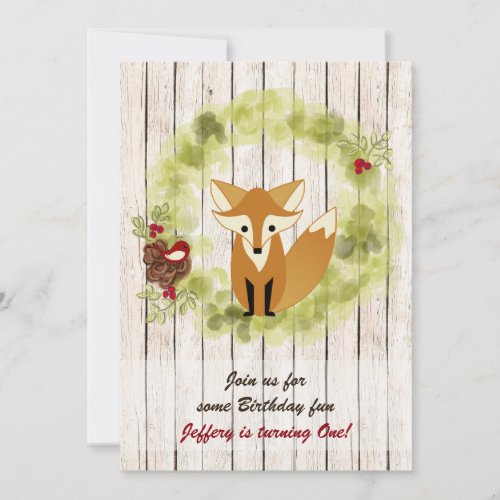 Cute Woodland Fox and Winter Wreath 1st Birthday Invitation