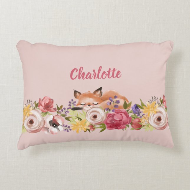 Cute Woodland Fox Asleep on Flowers Pink Name Accent Pillow (Front)