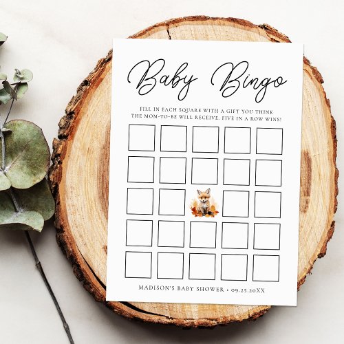 Cute Woodland Fox Baby Shower Bingo Card