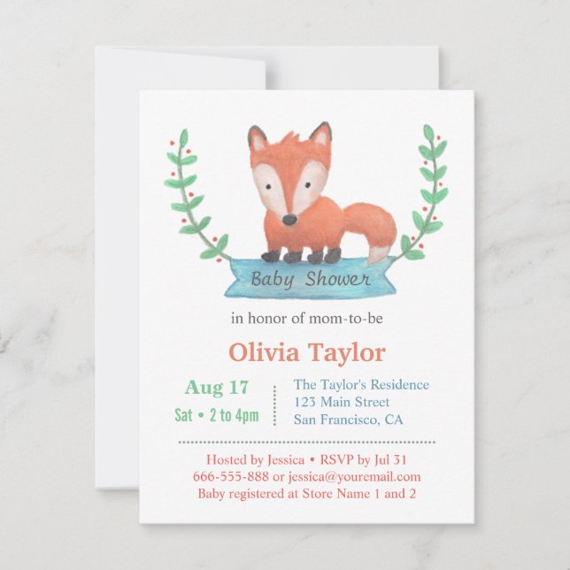 Cute Woodland Fox Baby Shower Invitations (Front)