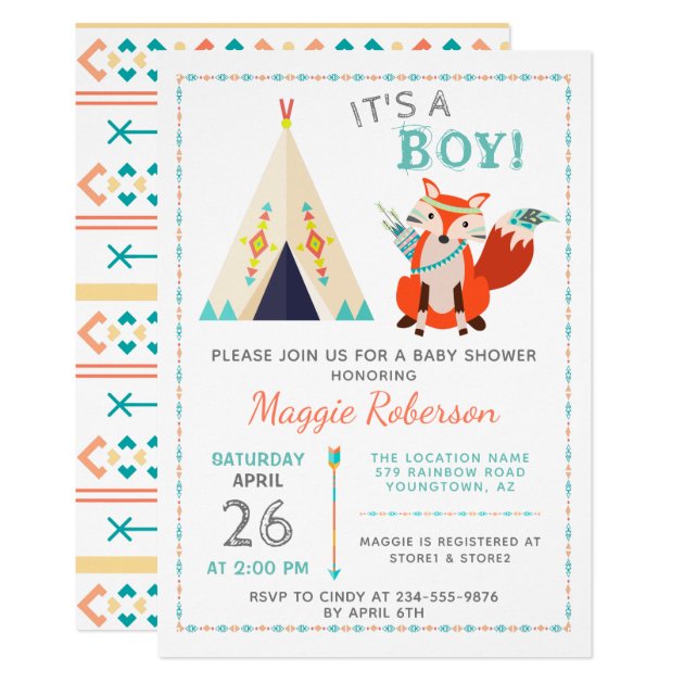 Cute Woodland Fox Boho Teepee Boy Baby Shower Invitation