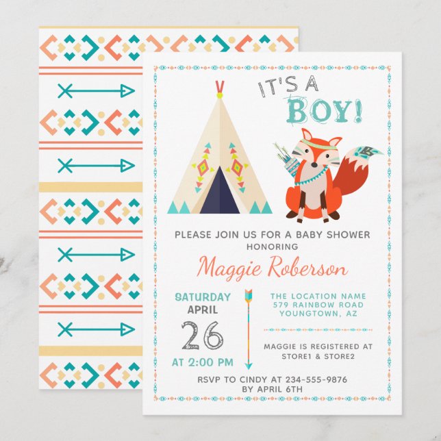 Cute Woodland Fox Boho Teepee Boy Baby Shower Invitation (Front/Back)