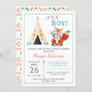 Cute Woodland Fox Boho Teepee Boy Baby Shower Invitation