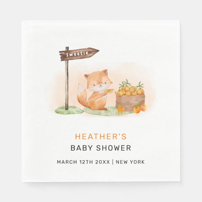 Cute Woodland Fox Citrus Orange Farm Baby Shower Napkins (Front)