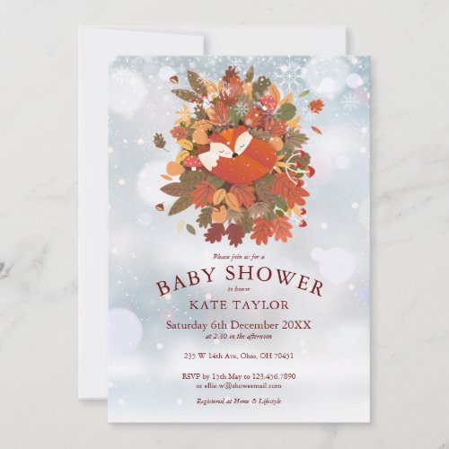 Cute Woodland Fox Cub Winter Baby Shower Invitation