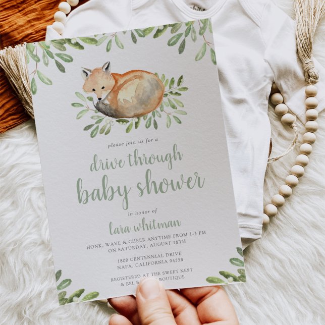 Cute Woodland Fox Drive Through Baby Shower Invitation