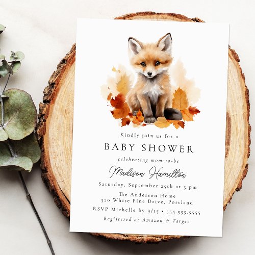 Cute Woodland Fox Fall Baby Shower Invitation