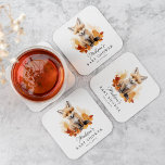 Cute Woodland Fox Fall Baby Shower Square Paper Coaster<br><div class="desc">Cute, woodland-themed baby shower coasters featuring a watercolor illustration of a baby fox sitting on fall leaves in shades of orange, red, and yellow. Personalize the baby fox baby shower coasters with the mother-to-be's name and date of baby shower. Designed to coordinate with our Cute Woodland Animals Fall Baby Shower...</div>