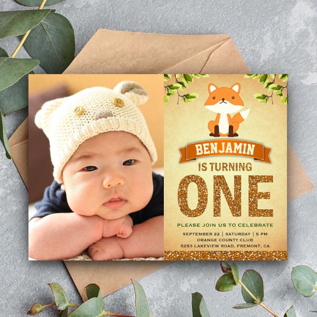 Cute Woodland Fox First Photo Birthday Invitation (Creator Uploaded)