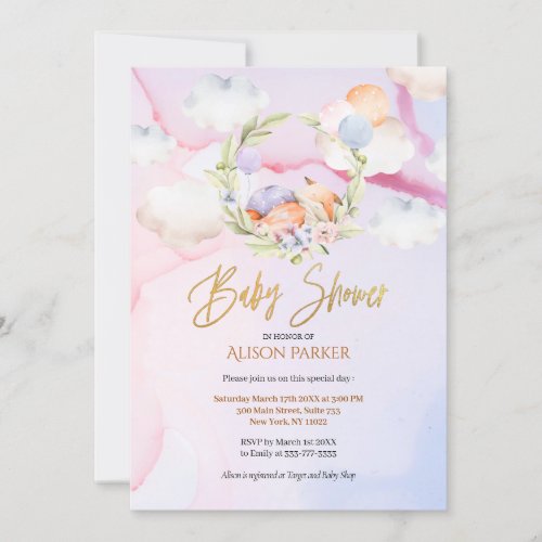 Cute Woodland Fox Floral Pink Sky Baby Shower Invitation