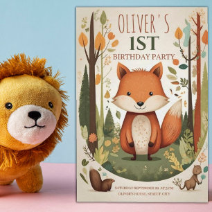 Cute Woodland Fox Forest First Birthday Party Invitation