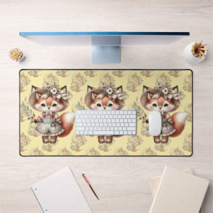 Cute Woodland Fox Girl Wearing Cottagecore Outfit Desk Mat