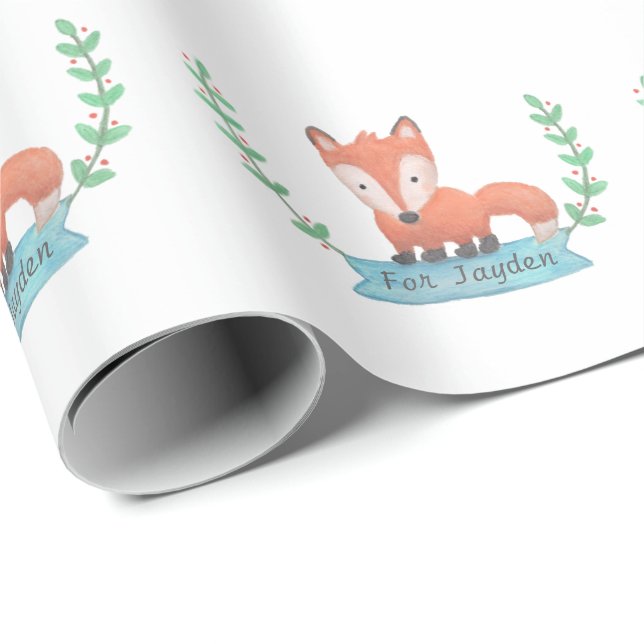 Cute Woodland Fox Kids Personalized Wrapping Paper (Roll Corner)