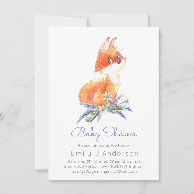 Cute Woodland Fox Lavender Baby Shower Incl Env. (Front)
