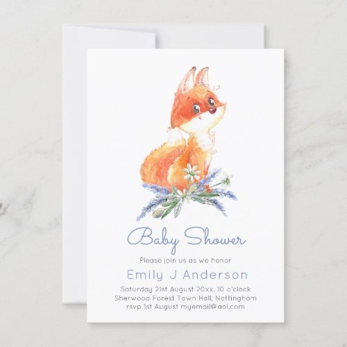 Cute Woodland Fox Lavender Baby Shower Incl Env