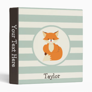 Cute Woodland Fox on Sage Green Stripes 3 Ring Binder