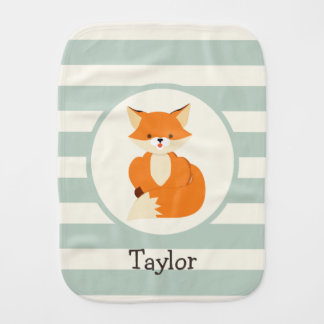 Cute Woodland Fox on Sage Green Stripes Burp Cloth