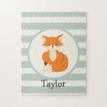 Cute Woodland Fox On Sage Green Stripes Jigsaw Puzzle by Birthday_Party_House at Zazzle