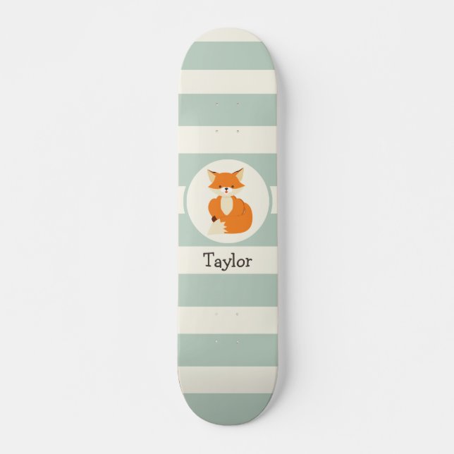 Cute Woodland Fox on Sage Green Stripes Skateboard (Front)