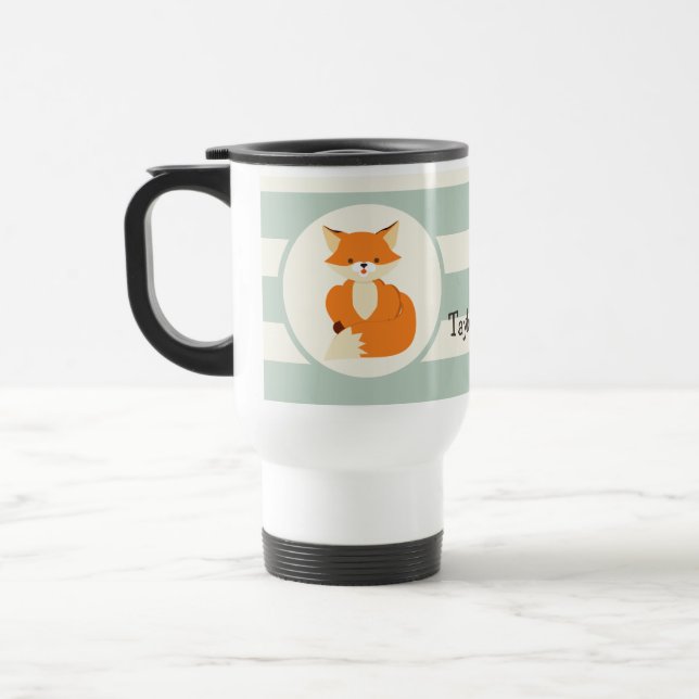 Cute Woodland Fox on Sage Green Stripes Travel Mug (Left)