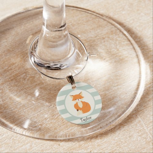Cute Woodland Fox on Sage Green Stripes Wine Glass Charm