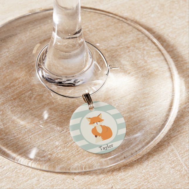 Cute Woodland Fox on Sage Green Stripes Wine Glass Charm (In Situ)