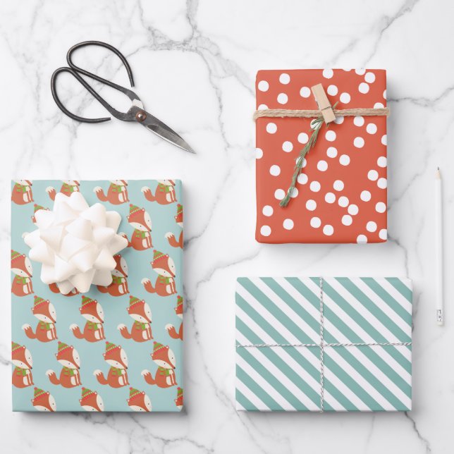 Cute Woodland Fox Pattern -  Aqua Green Christmas Wrapping Paper Sheets (Front)