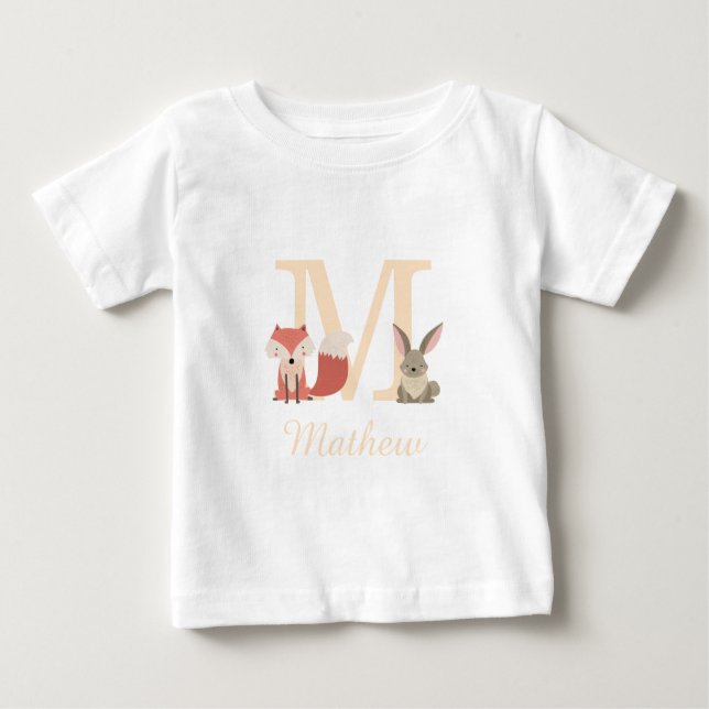 Cute Woodland Fox Rabbit Baby Monogram Baby T-Shirt (Front)