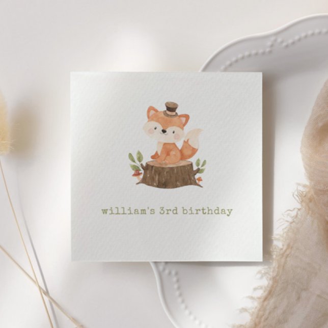 Cute Woodland Fox Sage Green Birthday Party Napkins (Creator Uploaded)
