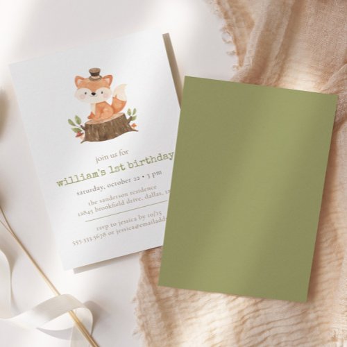 Cute Woodland Fox Sage Green Minimalist Birthday Invitation