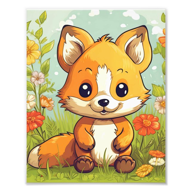 Cute Woodland Fox Tropical Flowers Photo Print (Front)