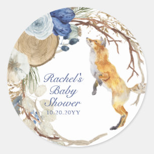 Cute Woodland Fox Watercolor Floral Baby Shower Classic Round Sticker