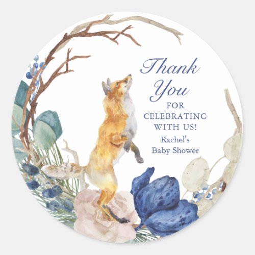 Cute Woodland Fox Watercolor Floral Baby Shower Classic Round Sticker