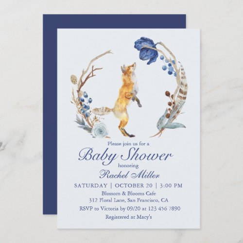 Cute Woodland Fox Watercolor Floral Baby Shower Invitation