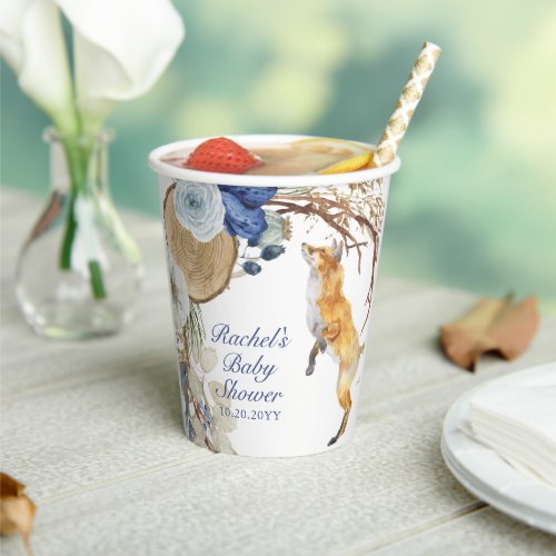 Cute Woodland Fox Watercolor Floral Baby Shower Paper Cups