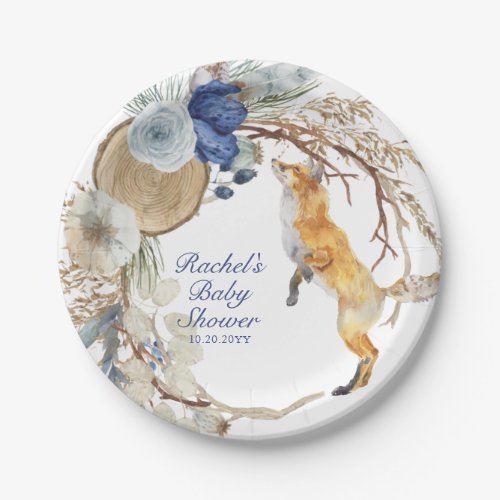 Cute Woodland Fox Watercolor Floral Baby Shower Paper Plates