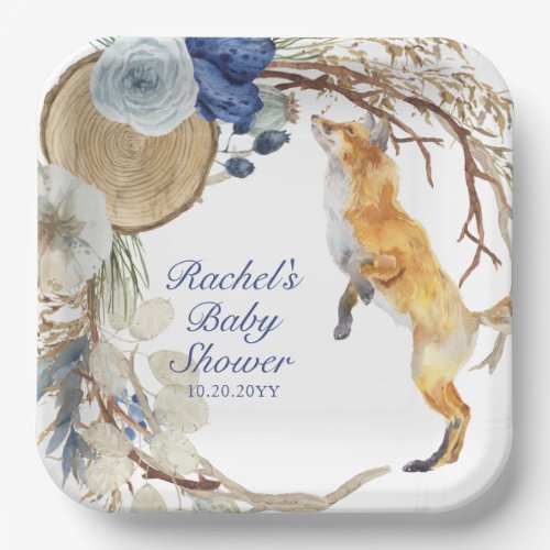 Cute Woodland Fox Watercolor Floral Baby Shower Paper Plates