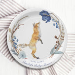Cute Woodland Fox Watercolor Floral Baby Shower Paper Plates<br><div class="desc">Cute Woodland Fox Watercolor Floral Baby Shower Paper Party Plates features a cute watercolor fox surrounded by boho feathers and flowers in blue,  gray and brown on a white background with your personalized name and date below. Edit the the text in the text boxes provided to personalize.</div>