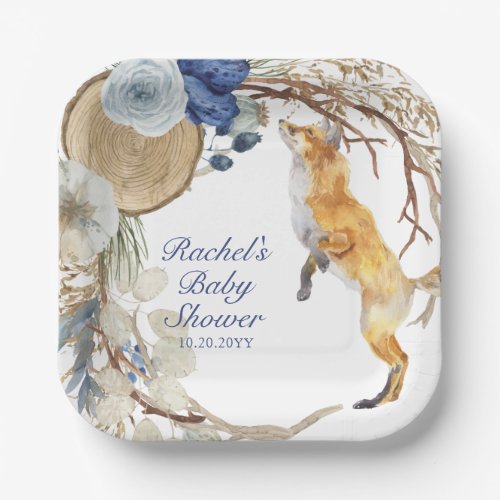 Cute Woodland Fox Watercolor Floral Baby Shower Paper Plates