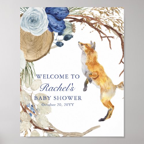 Cute Woodland Fox Watercolor Floral Baby Shower Poster