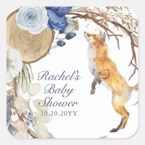 Cute Woodland Fox Watercolor Floral Baby Shower Square Sticker