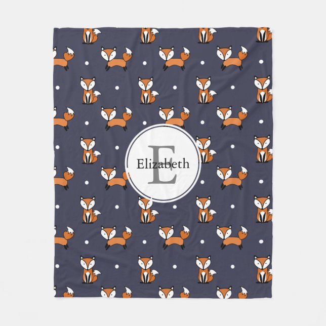 Cute Woodland Foxes Polka Dots Personalized Fleece Blanket (Front)