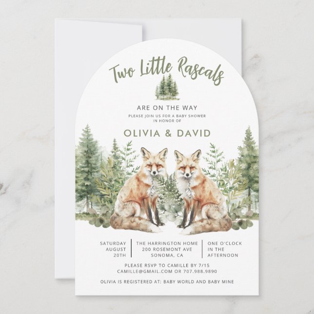 Cute Woodland Foxes Twins Baby Shower Invitation (Front)